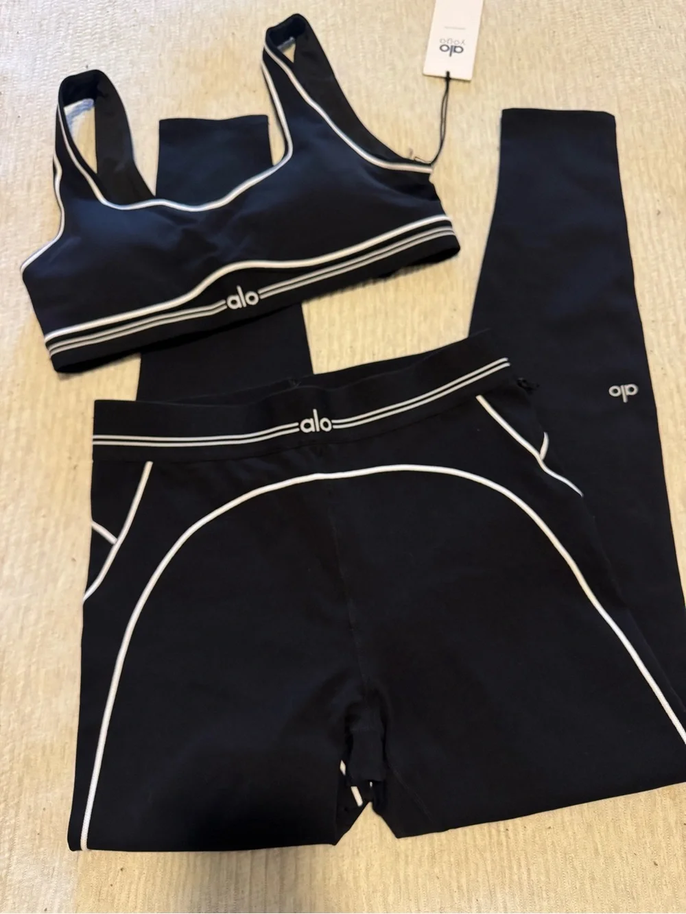ALO Yoga Black Leggings and Sports Bra Set with White Piping
